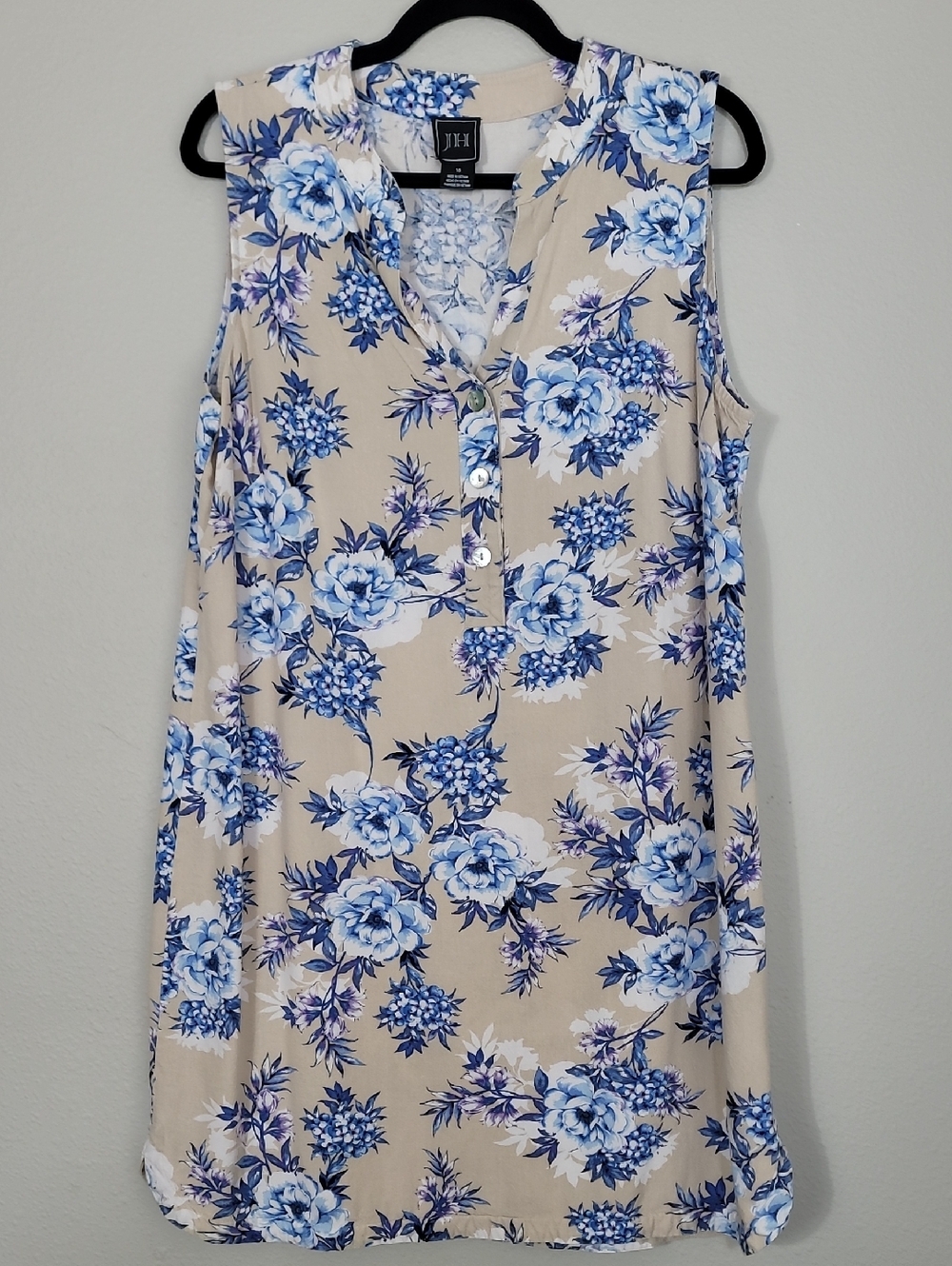JH Floral Linen Blend Dress Size 16/L Cream Blue Sleeveless Pearl Button Coastal